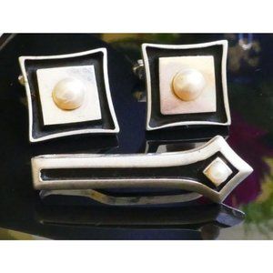 Moderniest MCM Sterling Silver & Pearl Jewelry Set Cufflinks Tie Bar Signed V